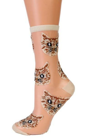 MOONA beige sheer socks with cats - BestSockDrawer