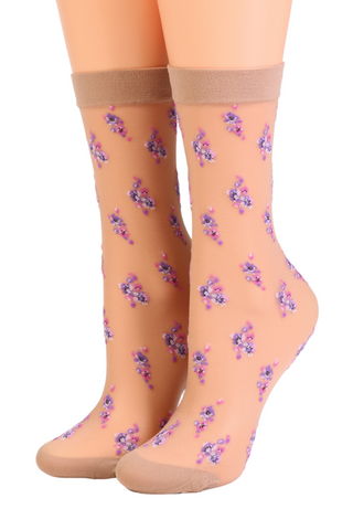 ARINA thin beige socks with a floral pattern