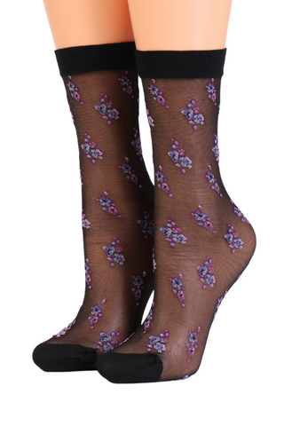 ARINA sheer black socks with a floral pattern