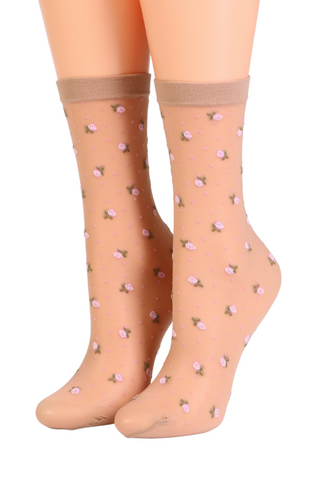 BRITNEY thin beige socks with roses